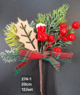 Crenguță artificială de Crăciun cu fundiță și bobițe roșii – 20cm 12/set